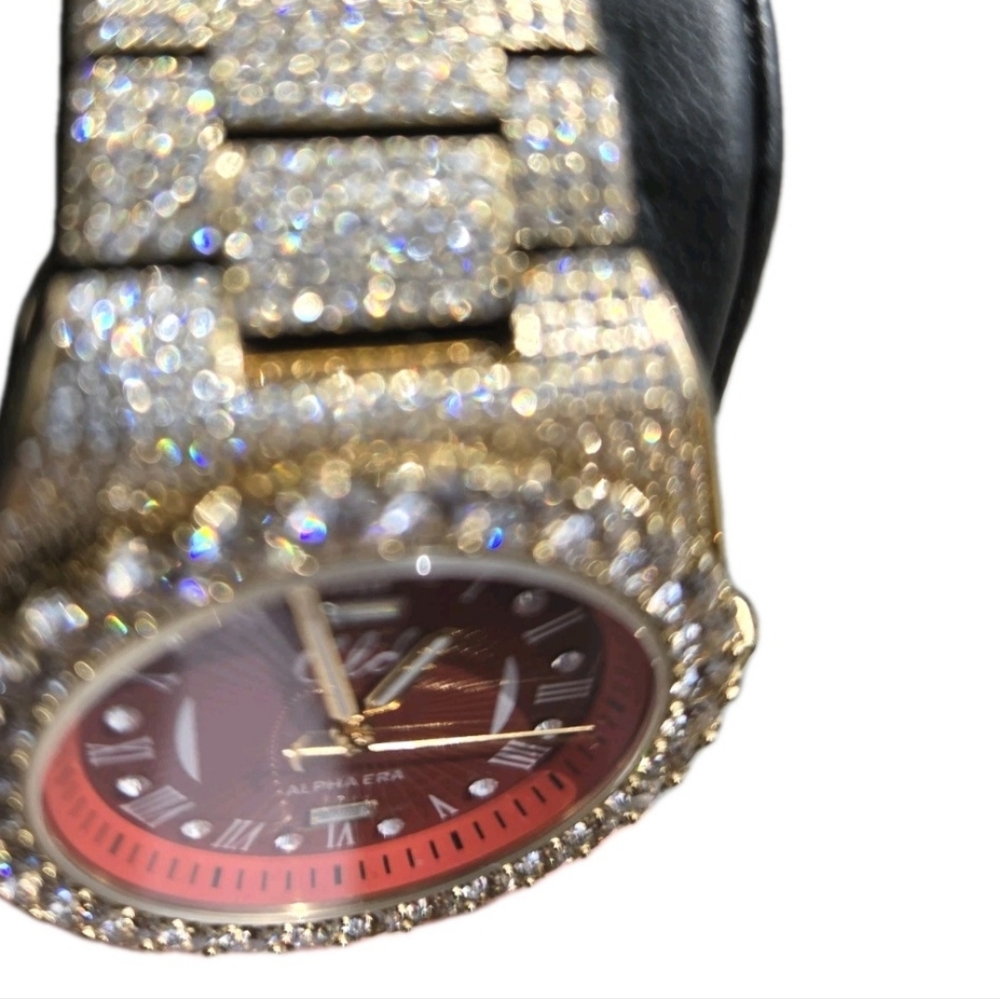 GLD Gold Iced Out 42MM Fully Iced Alpha Era® w/Diamond Prong Link Band /Red Face - Picture 8 of 12